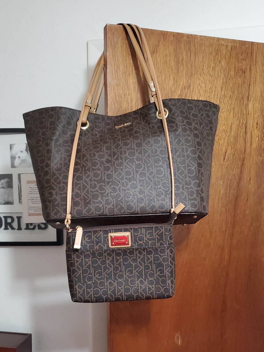 Calvin Klein Dark Brown Monogram Tote and Crossbody Bag